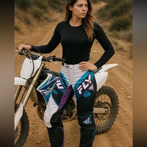 Womens FLY RACING Kinetic White Black Blue Purple MX Motorcycle Pants Size 7/8